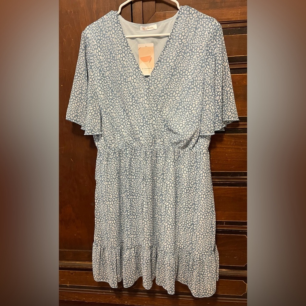 Kirundo Dress Womens XL Blue White Knee Length Flutter Sleeve Babydoll